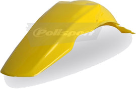 Yellow Polisport Plastics rear fender for motorcycles, model 64-5624, with a close-up view of the plastic construction and mounting points.