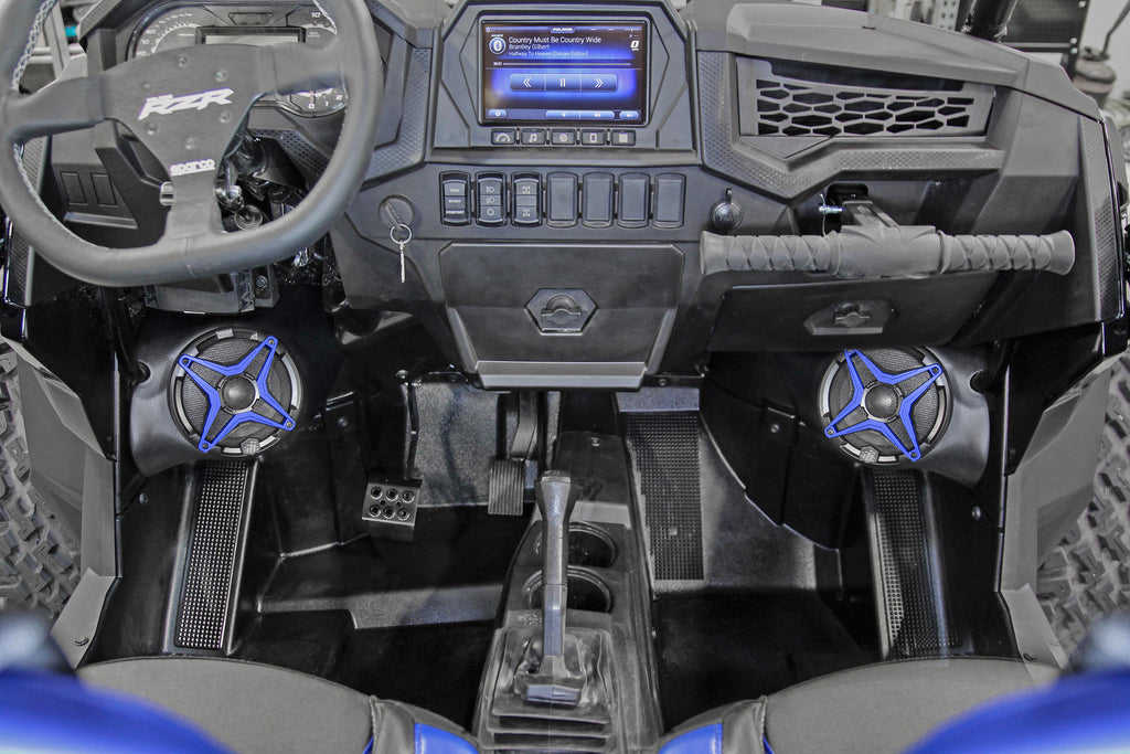 SSV Works 2 speaker kit for Ride Command Polaris, includes audio components mounted in a durable setup.