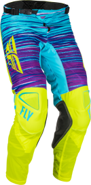 Fly Racing Kinetic Mesh L.E. pants in hi-vis, blue, and magenta with size 30, featuring breathable mesh design and vibrant color accents.