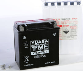 Yuasa YTX16-BS-1 maintenance-free motorcycle battery with black case and terminal posts, shown in the image.