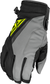 Fly Racing Title Long Gloves in black, grey, and hi-vis colors, featuring padded palms and extended wrist coverage for riding comfort.