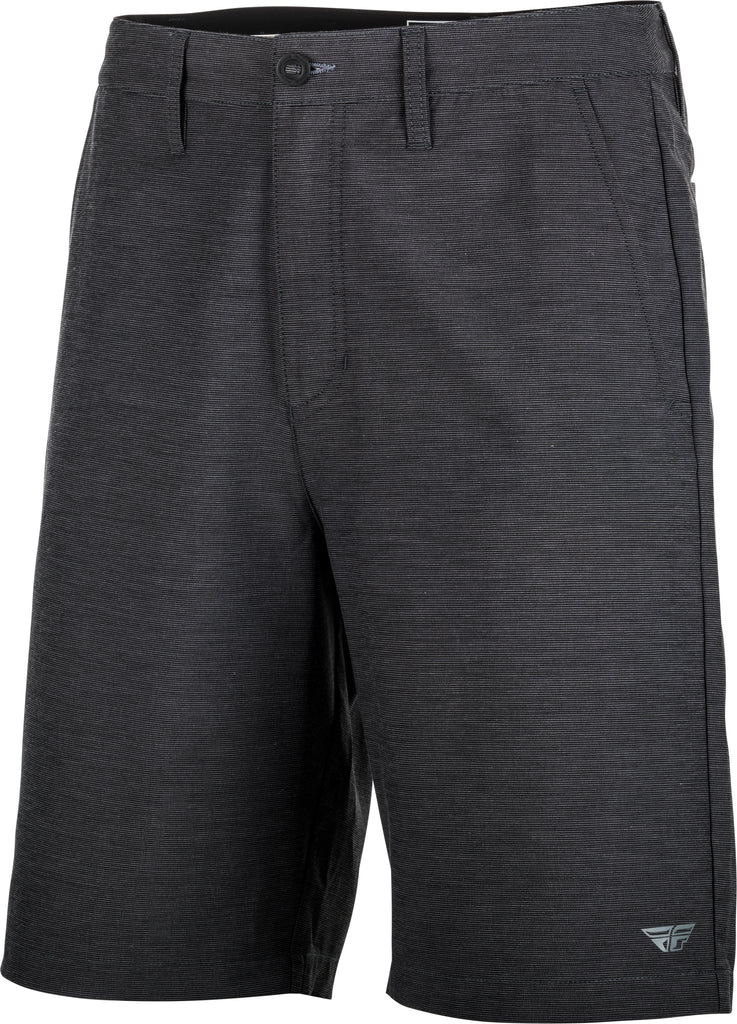 Fly Racing Fly Pilot Shorts in black, size 40, with a close-up view showing the fabric and design details.