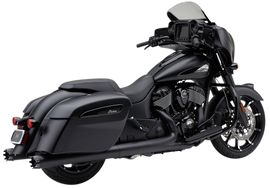 Black Cobra 4-inch NH Dual Cut Slip-Ons exhaust for Indian Gen-2 Bag motorcycle, showcasing shiny metal tips and sleek design.