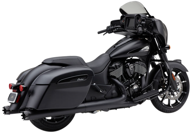Cobra 4-inch NH dual cut slip-on exhaust in black for Indian Gen-2 Baggers, with chrome accents and sleek dual outlet design.