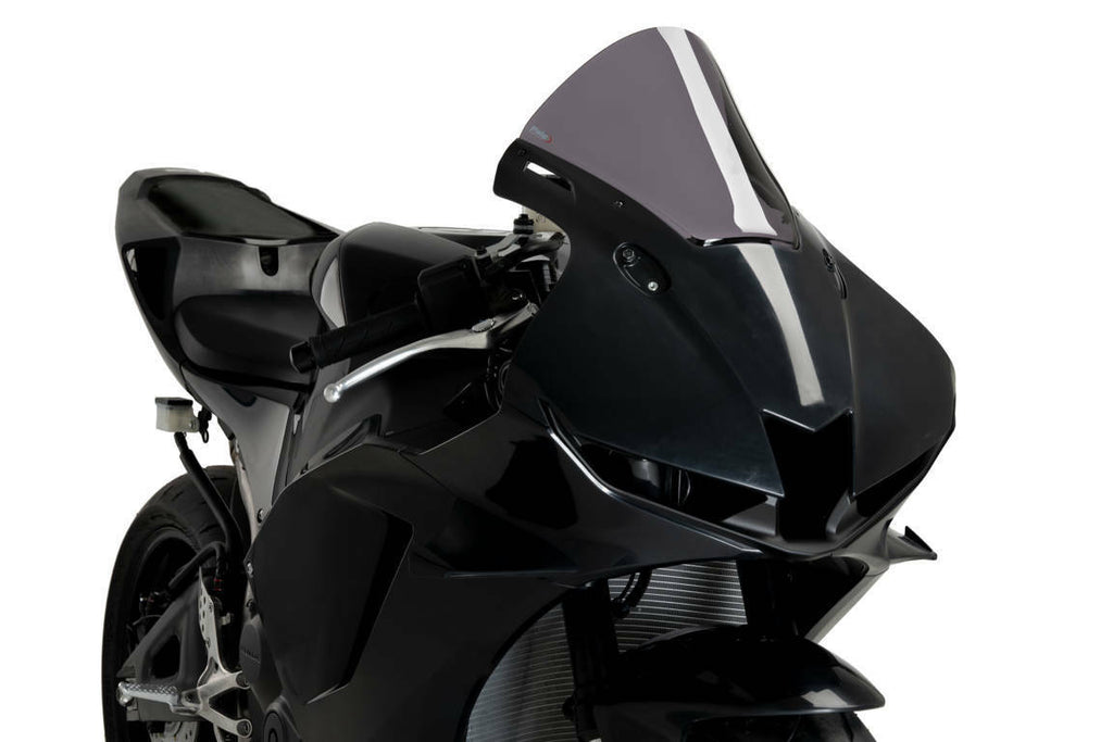 PUIG R-Racer dark smoke motorcycle windshield, aerodynamic windscreen for Honda, designed for enhanced rider protection.