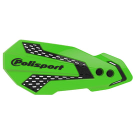 Polisport Plastics MX Flow handguards in green and black for street motorcycle protection, mounted on handlebars.
