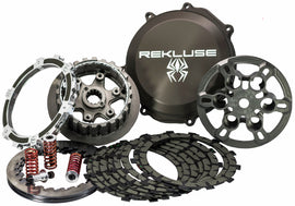 Rekluse Radius CX clutch assembly with clutch plates and hydraulic components for motorcycle engine performance.