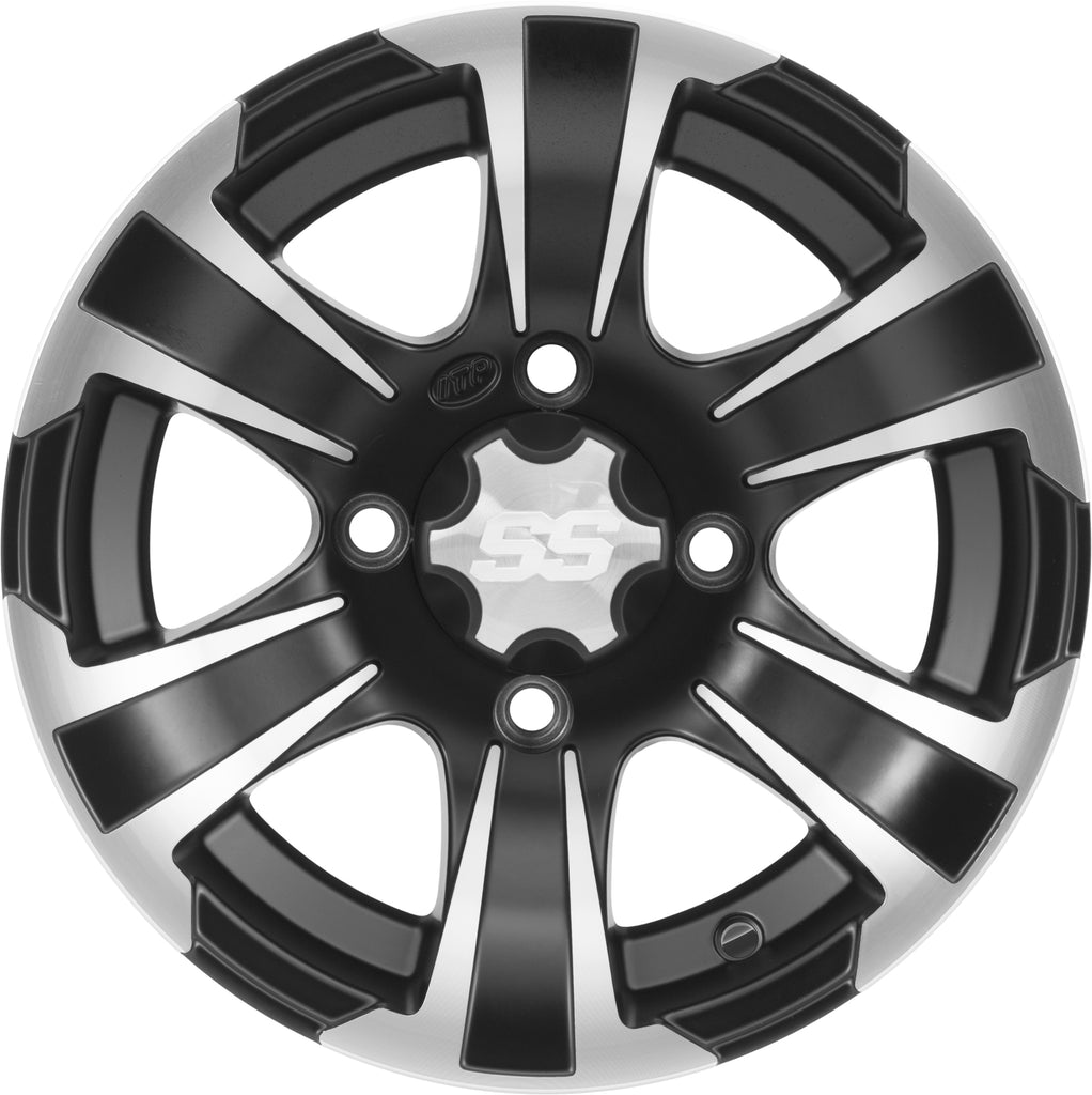 ITP Ss312 black off-road wheel with 14x8 inch size, 4/110 bolt pattern, 5+3 offset, shown in the image.