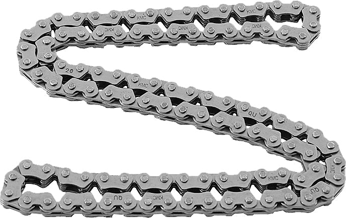 Close-up of HOT CAMS engine cam chain showing metallic links and branding on the chain for motorcycle or engine maintenance.