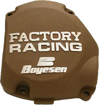 Boyesen Factory Racing Ignition Cover in magnesium, showcasing sleek silver finish and detailed branding for motorcycle performance.