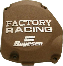 Boyesen Factory Racing Ignition Cover in magnesium, showcasing sleek silver finish and detailed branding for motorcycle performance.