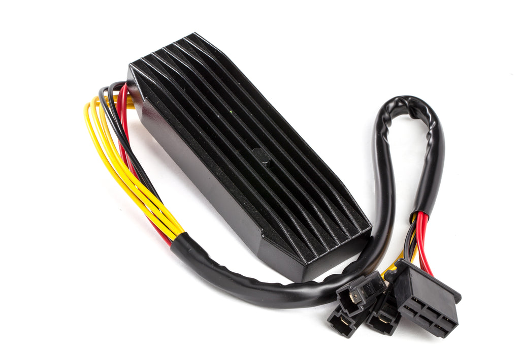 Ricks Motorsport Electric Regulator and Rectifier 27-10209 for motorcycle electrical systems, showing metal connections and wiring.