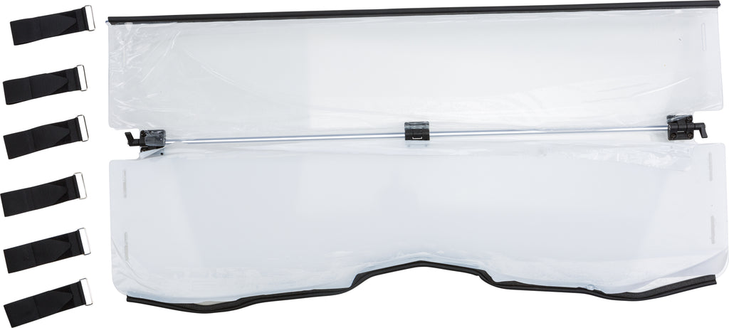 Open Trail open trail folding windshield installed on off-road vehicle, showcasing durable black windscreen with mounting hardware
