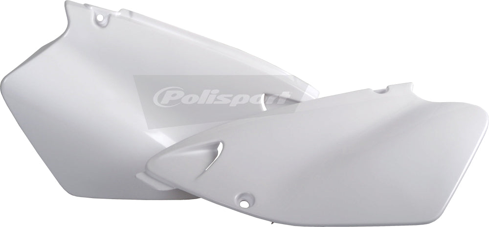 Polisport Plastics white side panels for motorcycle body, model 64-4450, shown in original packaging with product details.