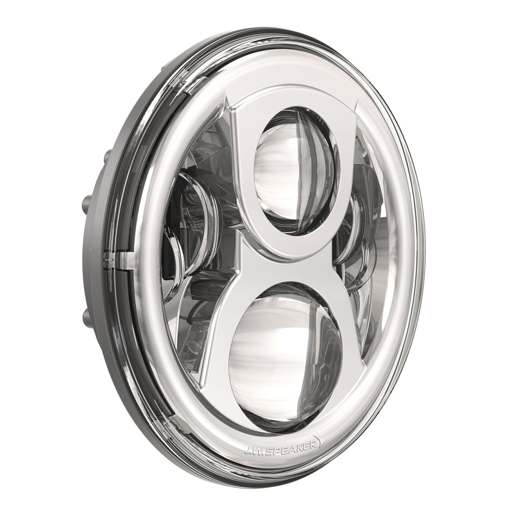 JW SPEAKER 8700 Ev2 S headlamp with 7-inch chrome bezel, showcasing the illumination device and sleek design.