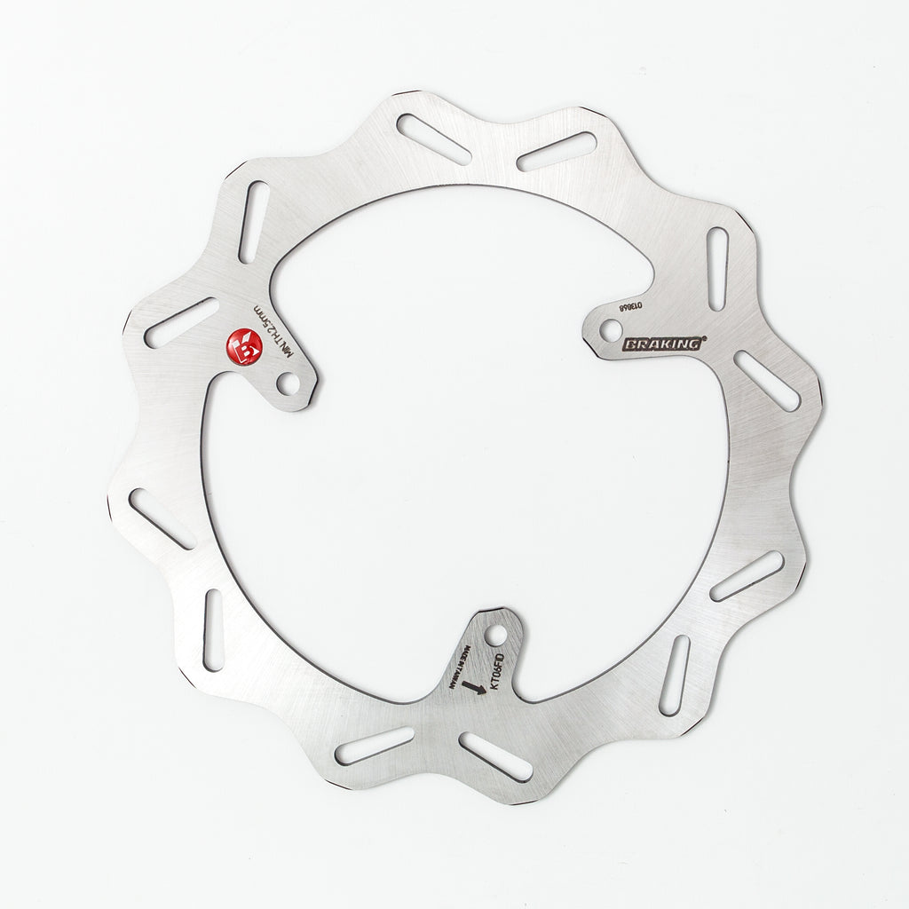 Front braking rotor by Braking with vented design, showcasing the metal disc for bicycle or motorcycle braking systems.