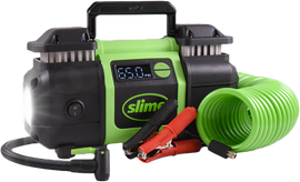 Slime Super Duty Pro Power Tire Inflator with digital gauge and hose, black and red tools for vehicle tire inflation.