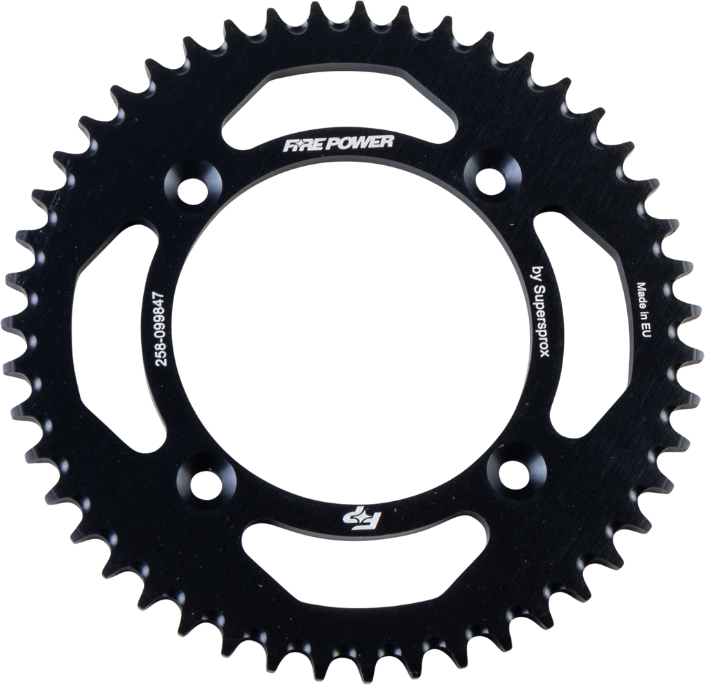 Fire Power 47-tooth aluminum rear sprocket in black for 84cc engine, featuring a lightweight, durable design for motorcycle performance.