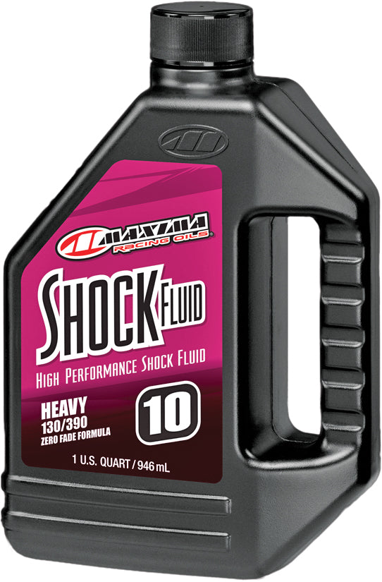 Maxima Shock Fluid Heavy 1qt bottle, motorcycle maintenance chemical, with label visible on container.