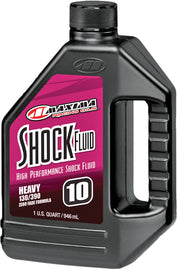 Maxima Shock Fluid Heavy 1qt bottle, motorcycle maintenance chemical, with label visible on container.