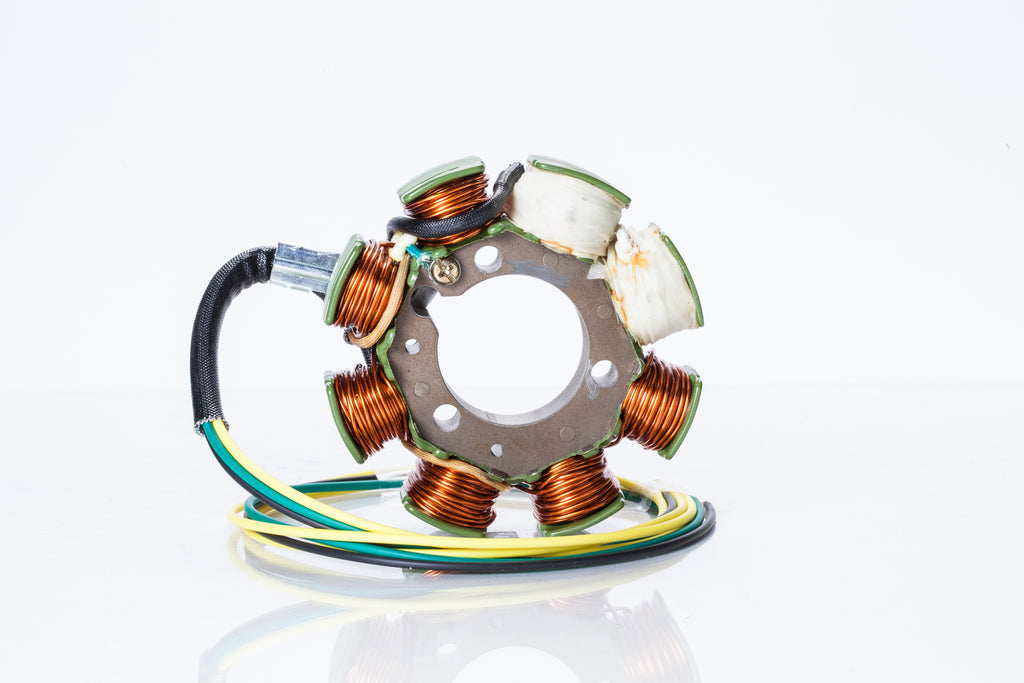 Ricks Motorsport Electric Stator 27-21618H for motorcycle electrical systems, showing the metallic coil and wiring components.