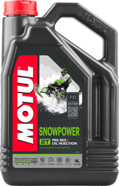 Motul Snowpower Ester 2T engine oil container, 4-liter size, showing the Motul logo and product labeling for snowmobile use.
