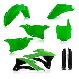 Acerbis full plastic kit in black, featuring various motorcycle body panels and parts, laid out on a flat surface.