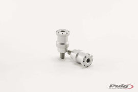 Silver PUIG Swingarm Spools Hi-Tech 8mm for Suzuki GSX-R750 motorcycle, set of two, with detailed mounting hardware.