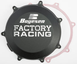 Boyesen Factory Racing Clutch Cover for Kawasaki engine, black metal, designed for durability and performance.