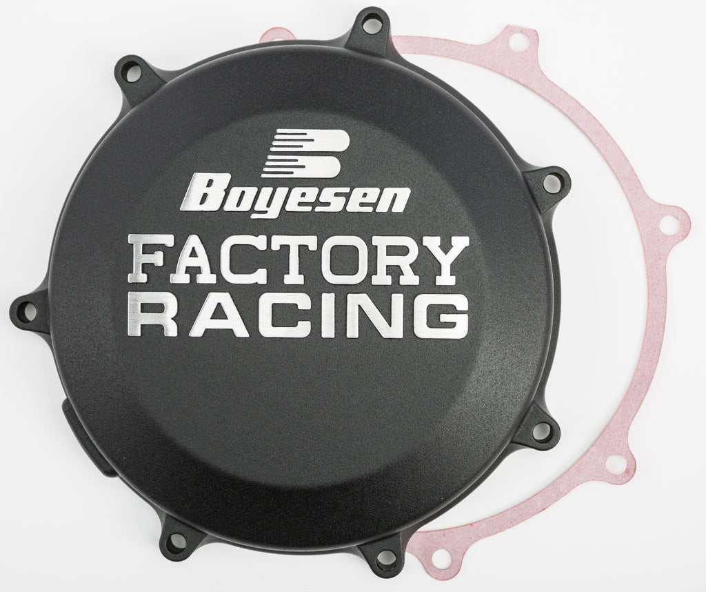 Boyesen Factory Racing clutch cover for Kawasaki engine, black finish with detailed branding visible on the metal surface.