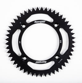Supersprox aluminum rear sprocket 49-tooth black for KTM motorcycles, featuring 428 chain compatibility and durable construction.