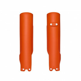 Polisport Plastics KTM orange fork guards for motocross bikes, model 64-835255, mounted on a KTM motorcycle front suspension.