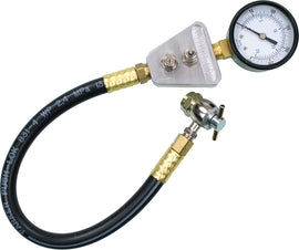 Motion Pro pressurizing shock gauge tool with valve screw for measuring shock pressures, shown with digital display and metal fittings.