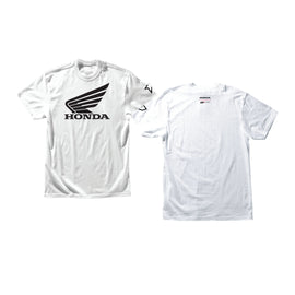 White DCOR Honda Wing II T-Shirt featuring a Honda wing graphic, designed for casual wear and comfort.