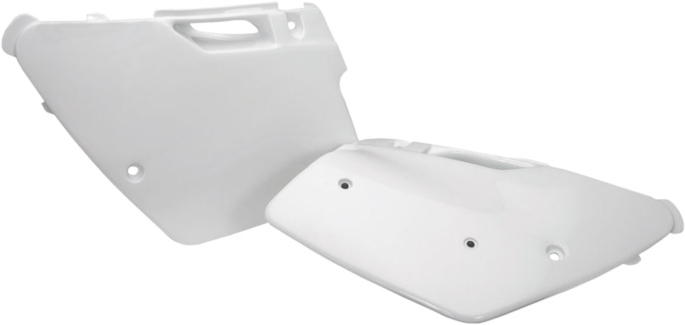 White Acerbis side panels for motorcycle, featuring sleek design and brand logo, shown on a plain background.