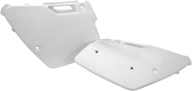 White Acerbis side panels for motorcycle, featuring sleek design and brand logo, shown on a plain background.