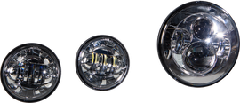 HardDrive chrome LED headlight and passing lamp set for illumination, featuring sleek design and bright lighting.