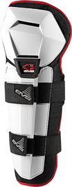 Youth EVS Option knee and shin guard in white, protective safety gear with adjustable straps and padded design for youth sports.