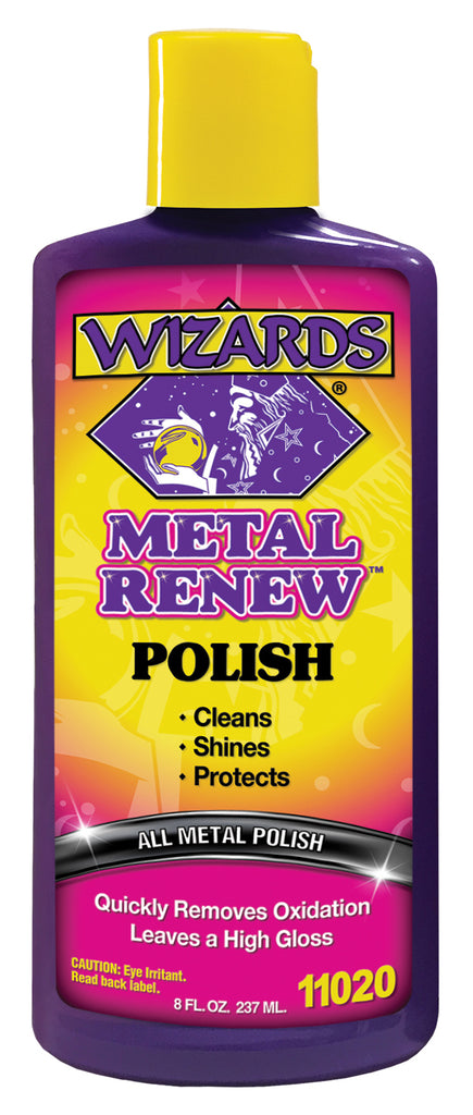 Wizards Products Metal Renew 8oz bottle of chemical cleaner for restoring and polishing metal surfaces.