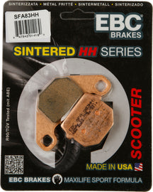 EBC Motorcycle Brakes Sfa83hh Double-H Sintered Brake Pads installed on motorcycle brake caliper, close-up view of the brake pads.