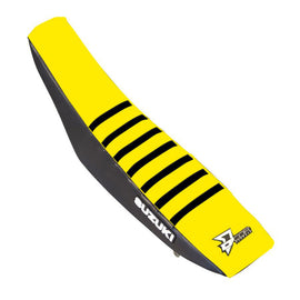 DCOR black and yellow ribbed seat cover, designed for comfortable vehicle seating with a durable fabric finish.