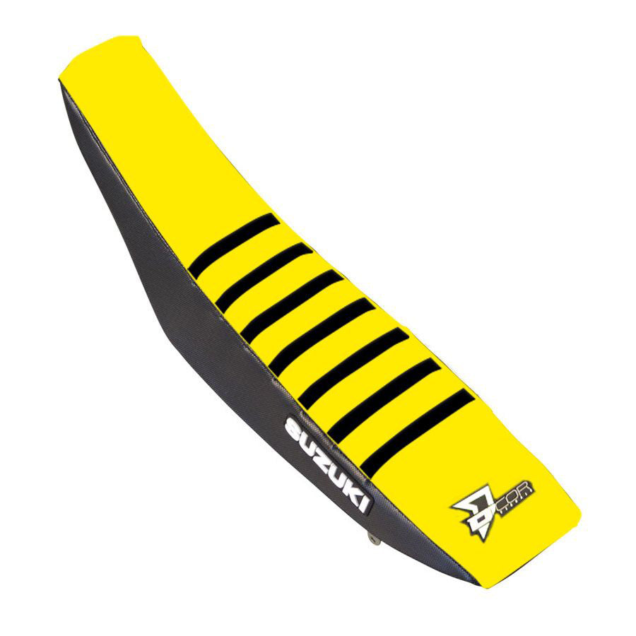 DCOR black and yellow ribbed seat cover with durable fabric and ergonomic design for comfortable seating.