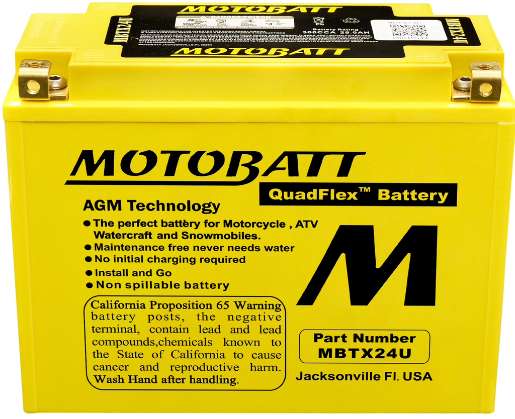 Motobatt MBTX24U sealed factory-activated motorcycle battery with positive and negative terminals and compact design