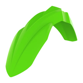Polisport Plastics front fender in lime green for Kawasaki street motorcycle, model 64-857456, mounted on bike.