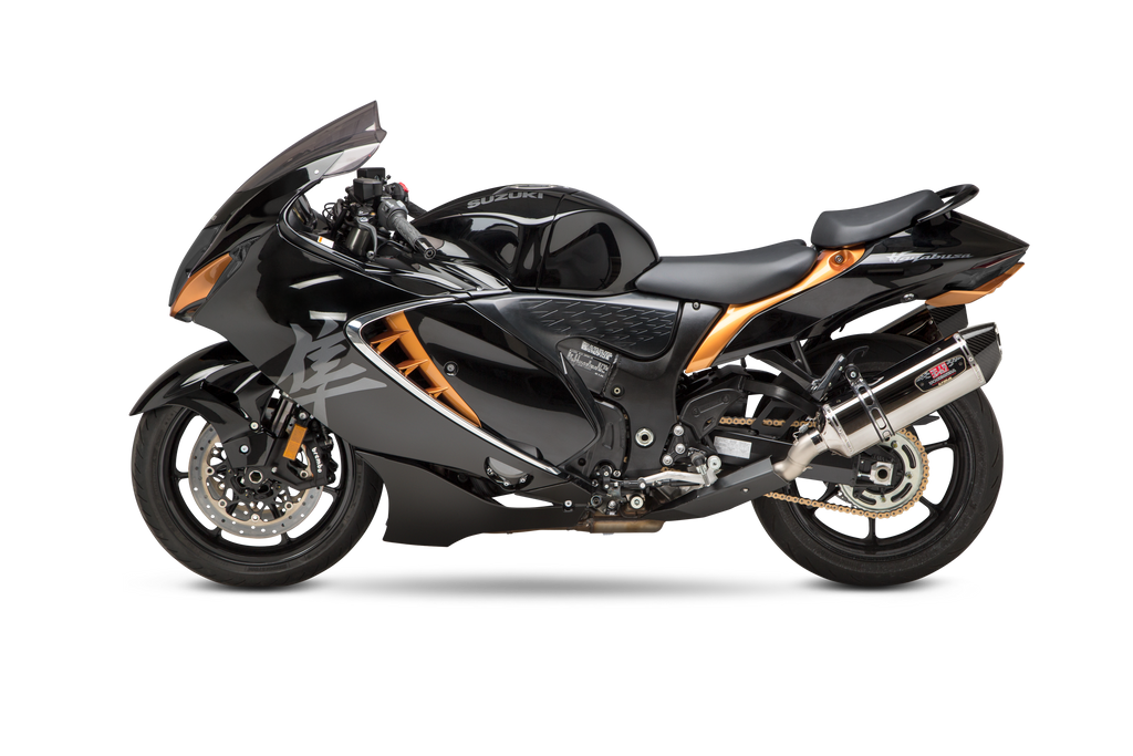 Yoshimura Race R77 slip-on exhaust with stainless steel and carbon fiber finish on a motorcycle.