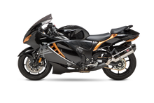 Load image into Gallery viewer, Yoshimura Race R77 slip-on exhaust with stainless steel and carbon fiber finish on a motorcycle.