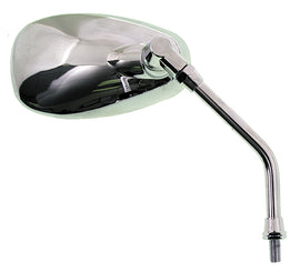 Emgo right motorcycle mirror with chrome finish, mounted on a handlebar, showing reflective glass and mounting arm.