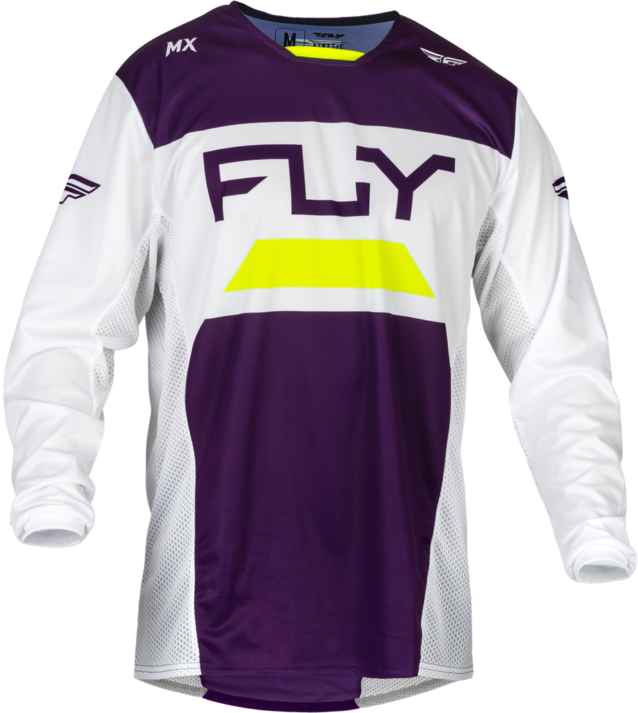 Fly Racing Kinetic Reload jersey in deep purple, white, and hi-vis colors, featuring lightweight, breathable fabric and racing design.