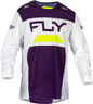 Fly Racing Kinetic Reload jersey in deep purple, white, and hi-vis colors, featuring lightweight, breathable fabric and racing design.