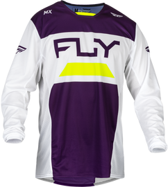 Fly Racing Kinetic Reload jersey in deep purple, white, and hi-vis colors, XL size, featuring a vibrant motocross design.